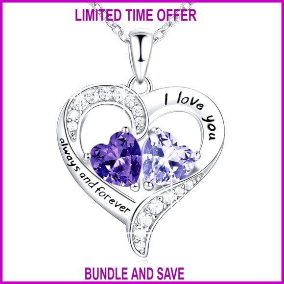 925 Sterling Silver Heart Pendant Necklace with 2 Birthstones Gift Box